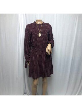 TopShop Peasant Dress Womens Size 10 Maroon White Polka Dots Smocked Long Sleeve